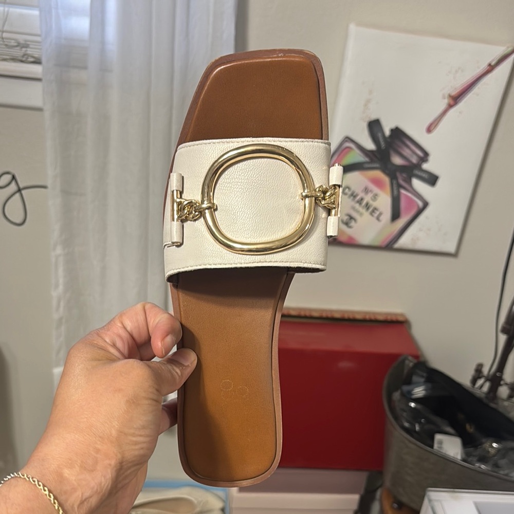 Marc Fisher White and Brown Sandals with Metallic Buckle